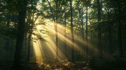 Sunbeams Illuminating a Misty Forest Path