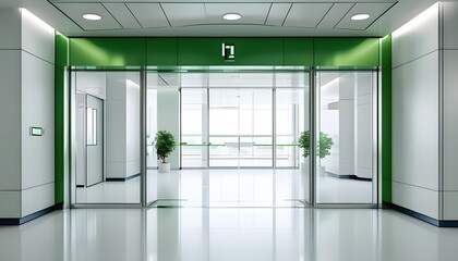 Wall Mural - Modern hospital view of an empty white room from a green doorway