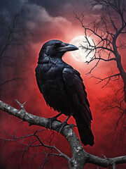 Wall Mural - Crow sitting on the tree branch in the foggy spooky evening with full moon behind, Halloween or Friday the 13th concept.