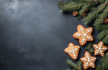 Wall Mural - Delicious gingerbread cookies shaped like snowflakes arranged with evergreen branches