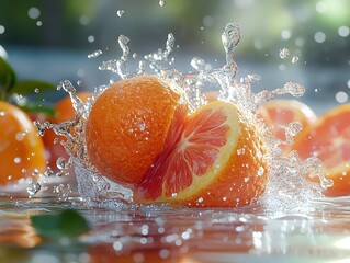 Canvas Print - A halved orange and whole orange are splashing in water, creating a refreshing and vibrant scene.