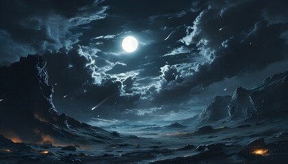 Wall Mural - Stunning view of a luminous white moon with craters surrounded by clouds against a dark night sky