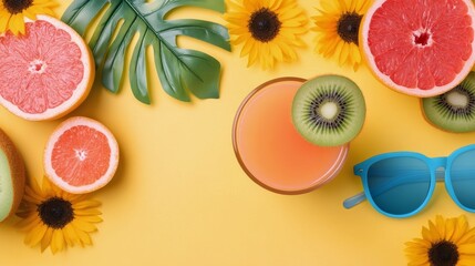 Bright summer arrangement with fruits, sunglasses, and a refreshing drink on vibrant backgrounds