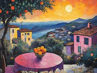 A picturesque view of a Mediterranean village, bathed in the warm glow of the setting sun. A table set for two with a bowl of oranges invites a peaceful evening.