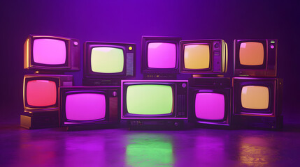 Poster - artistic 3d rendered composition stack of old classic television with green screen monitor random position in empty dark room dynamic composition cinematic purple lighting chroma key multimedia media