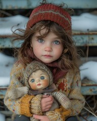 Sticker - A young girl with a doll in a wintery setting. AI.