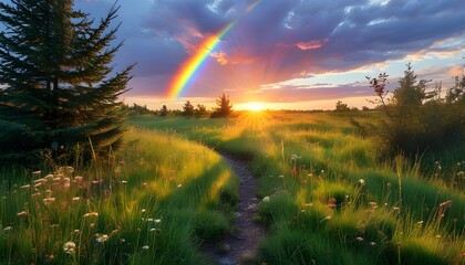 Wall Mural - Ethereal rainbow arc spanning a vibrant grassy meadow illuminated by soft daylight