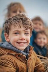 Canvas Print - A young boy smiles brightly for the camera. AI.