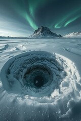 Wall Mural - a frozen lake with a large hole in the ice and the aurora borealis in the sky. ai.