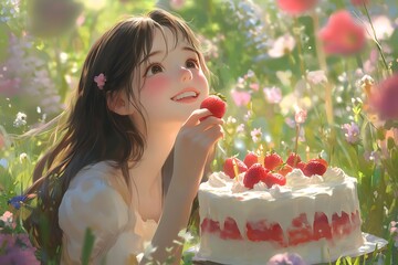 Sticker - Smiling anime girl enjoying strawberry cake in a field of flowers