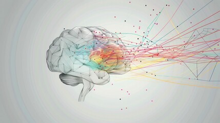 Poster - Brain illustration, colorful lines, data flow, abstract concept of creativity and intelligence, light background, dynamic and modern visual representation of thoughts and ideas