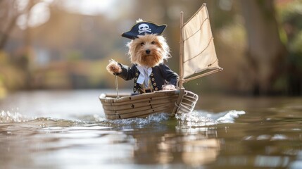 Wall Mural - A dog dressed as a pirate captain sails a small boat. AI.