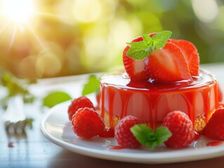 Canvas Print - A red dessert with strawberries and raspberries. AI.