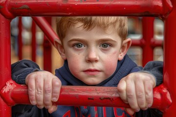 Poster - A young boy holds on to a red playground structure. AI.