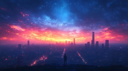 Sticker - Silhouette of a person standing on a road in a futuristic city with colorful sunset and starry sky