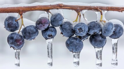 Sticker - blueberries encased in ice on a tree branch