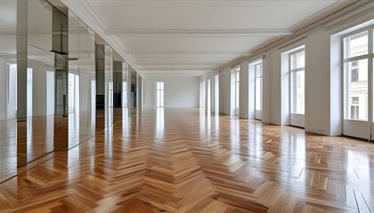 Wall Mural - Stylish minimalist open-plan interior with herringbone parquet flooring, mirrored pillars, and elegant white walls