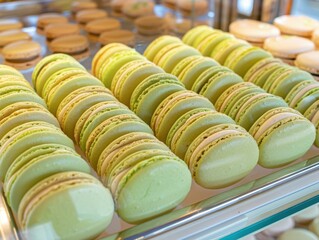 Poster - Rows of green macarons on a glass display. AI.