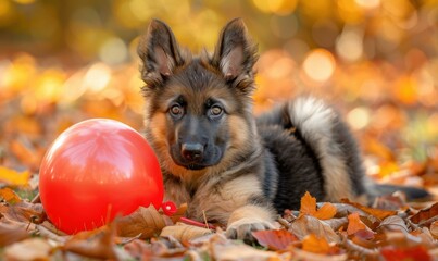 Poster - A dog lays in a pile of leaves with a red ball. AI.