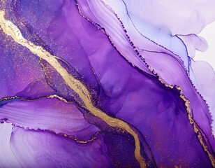 Canvas Print - Purple alcohol ink background flowing with gold glitter veins