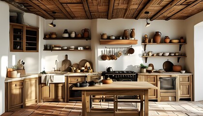 Wall Mural - Sunlit cozy kitchen interior featuring natural wooden ceiling, furniture, and charming pottery kitchenware