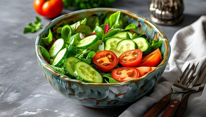 Wall Mural - Vibrant ceramic bowl filled with healthy salad featuring fresh vegetables, sliced cucumber, and tomato, elegantly arranged with cutlery and fabric on a gray table