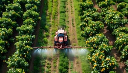 Wall Mural -  aerial perspective of farmer operating tractor with herbicide sprayers applying pesticides on lemon trees in organic farm setting