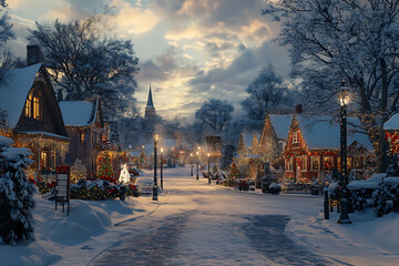 A picturesque snowy street lined with beautifully decorated houses, snow-covered trees, parks, and twinkling holiday lights, creating a cozy winter wonderland.