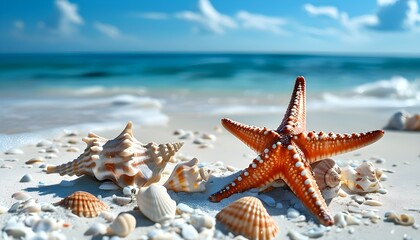 Wall Mural - Tropical beach closeup featuring starfish and shells on white sand with panoramic views of blue sea and sky