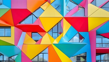 Vibrant geometric architecture adorned with colorful patterns and windows in an urban landscape