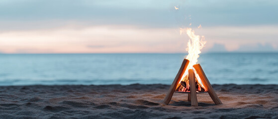 Wall Mural - A small fire is burning on a beach near the ocean