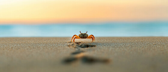 A crab is standing on the beach, looking out at the ocean