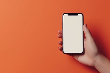 Poster - Hand Holding Smartphone with Blank Screen on Orange Background
