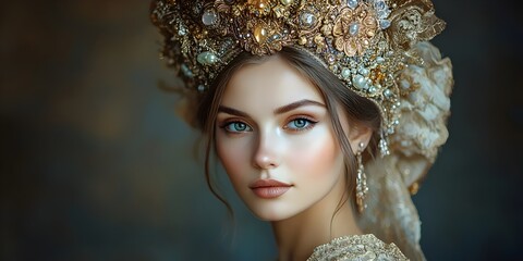 A young woman with long brown hair and piercing blue eyes wears a jeweled crown and veil, looking regal and ethereal.