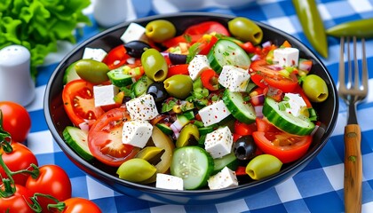 Wall Mural - Vibrant Greek salad featuring fresh tomatoes, cucumbers, olives, feta cheese, and peppers, beautifully displayed on a blue-and-white checkered tablecloth