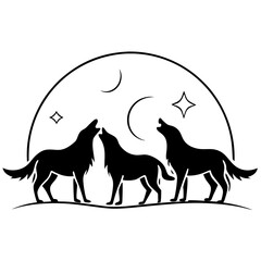 Sticker - Minimalist Wolf Trio Howling at the Moon - Vector Art