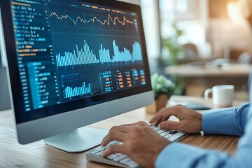 Poster - Man Working on a Computer Analyzing Financial Data