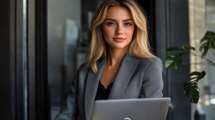 Poster - A blonde woman in a gray blazer looks at the camera while holding a laptop in front of her.