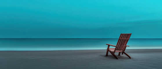 Wall Mural - A wooden beach chair is sitting on the sand near the ocean