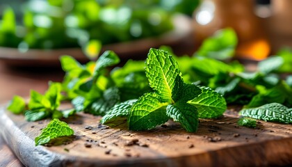 Vibrant organic mint leaves prepared for culinary creations on a rustic kitchen table