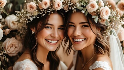 Joyful moment between two brides adorned with floral wreaths, beaming smiles surrounded by soft roses in a heartwarming setting