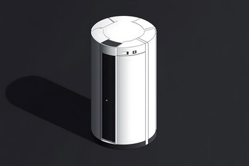 White futuristic cylindrical device with black details and a digital display