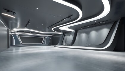 Wall Mural - Futuristic virtual stage with a unique curved ceiling and sleek grey flooring for innovative presentations and events