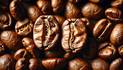 Aromatic backdrop of dark brown coffee bean halves in an overhead perspective