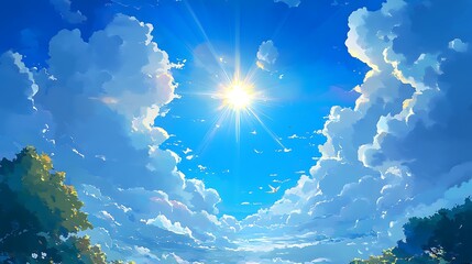 Sticker - Bright sun shining through white fluffy clouds in a clear blue sky