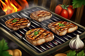 Grilled meat with vegetables illustration.