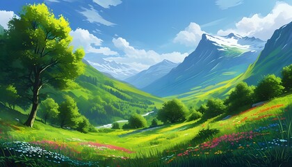 Wall Mural - Breathtaking panorama of a vibrant green valley adorned with lush trees and colorful grass, framed by stunning towering mountains