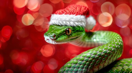 A green snake wearing a Christmas hat against a bright red festive background during the holiday season