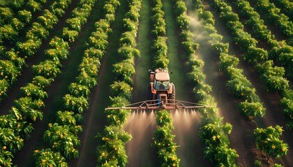 Wall Mural -  aerial perspective of farmer operating tractor with herbicide sprayers applying pesticides on lemon trees in organic farm setting