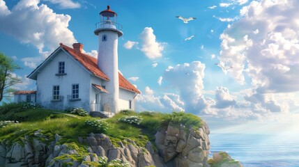 Canvas Print - Lighthouse on Cliffside with Seagulls